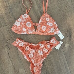 Aerie Orange and White Jacquard Triangle Floral Bikini